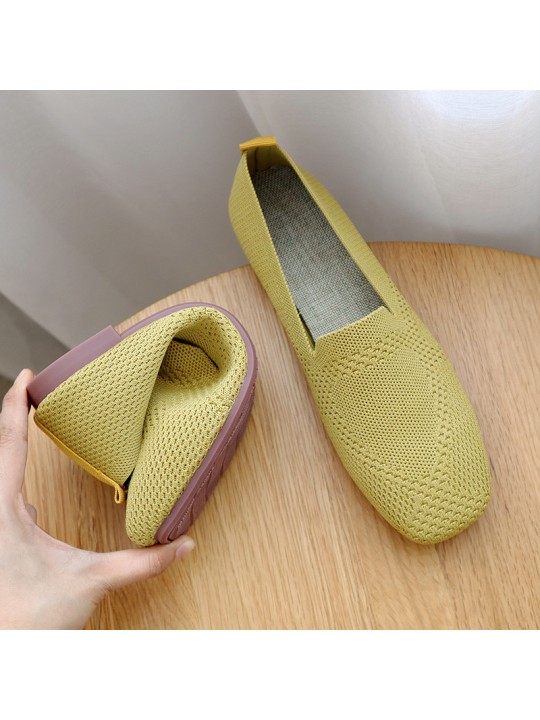 Women'S Fashion Plus Size Fly Knit Flat Square Toe Knit Slip-On Loafers