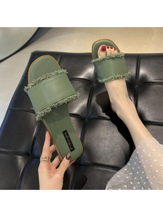 Women Fashion Flat Solid Color Tassel Slippers