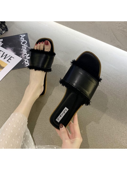 Women Fashion Flat Solid Color Tassel Slippers