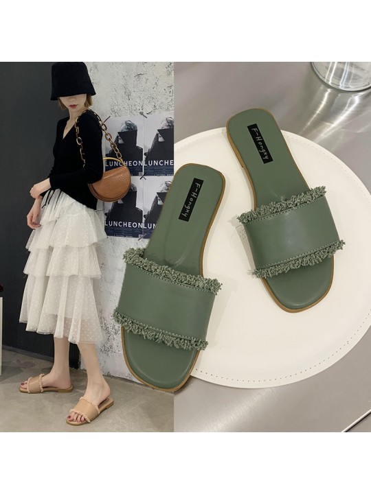 Women Fashion Flat Solid Color Tassel Slippers