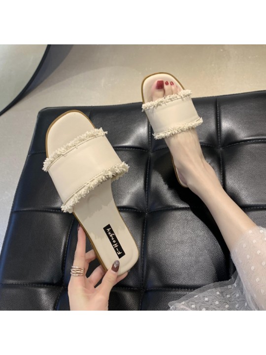 Women Fashion Flat Solid Color Tassel Slippers