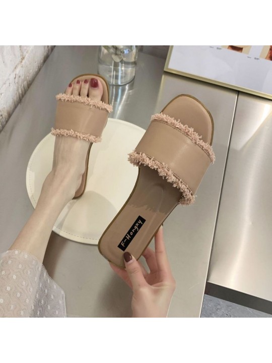 Women Fashion Flat Solid Color Tassel Slippers