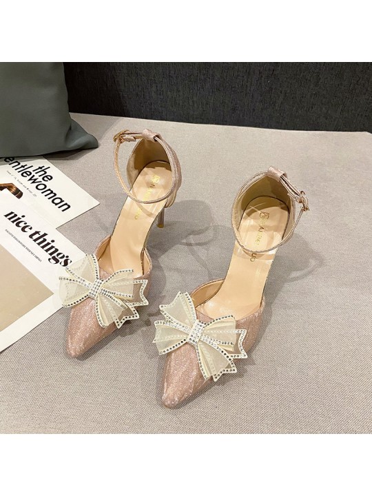 Plus Size Women Fashion Rhinestone Bow Stiletto Pointed Toe High Heel Sandals