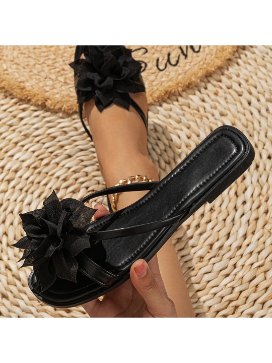 Women Fashion Black Flower Flat Slippers