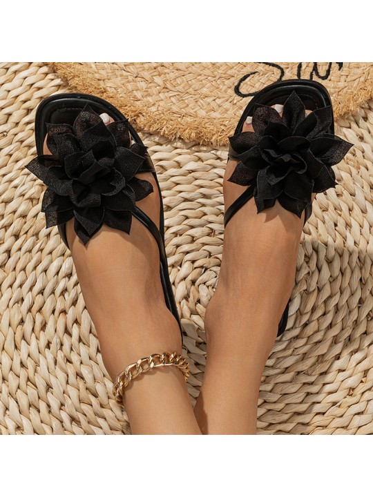 Women Fashion Black Flower Flat Slippers