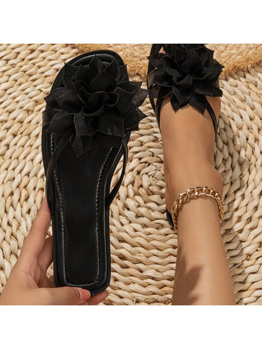 Women Fashion Black Flower Flat Slippers