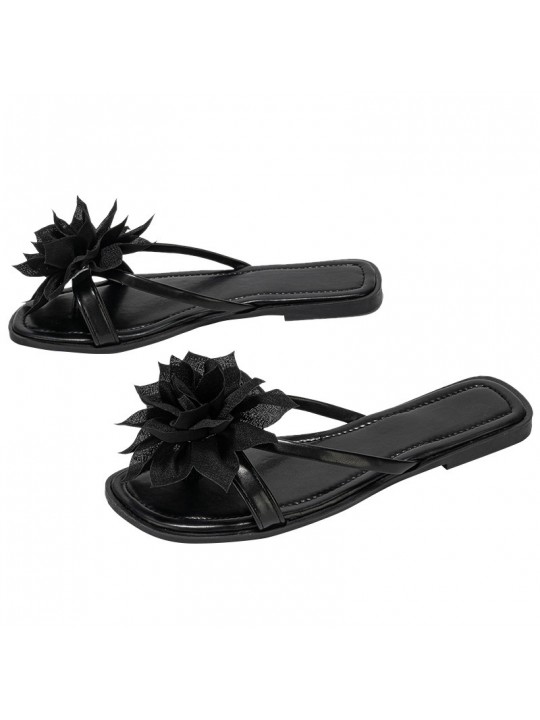 Women Fashion Black Flower Flat Slippers