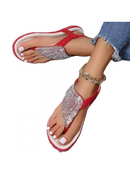 Plus Size Women Fashion Glass Rhinestone Woven Sandals