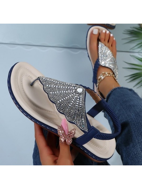 Plus Size Women Fashion Glass Rhinestone Woven Sandals