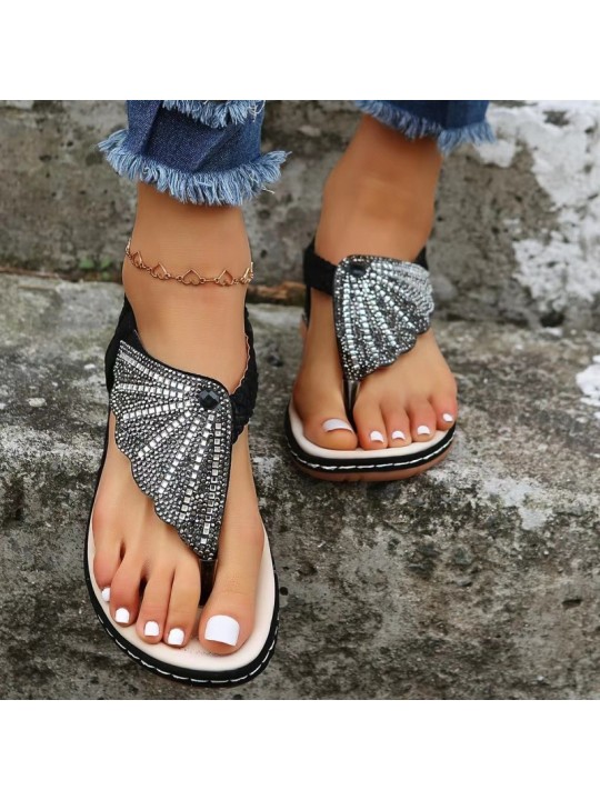 Plus Size Women Fashion Glass Rhinestone Woven Sandals