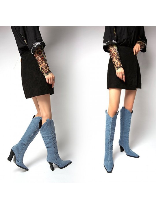 Plus Size Women Fashion Pointed Toe Block Heel Western Cowboy High Boots