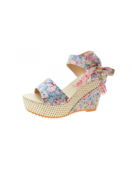 Women Fashion Casual Boho Bowknot Peep Toe Floral Printed Wedge Heel Sandals