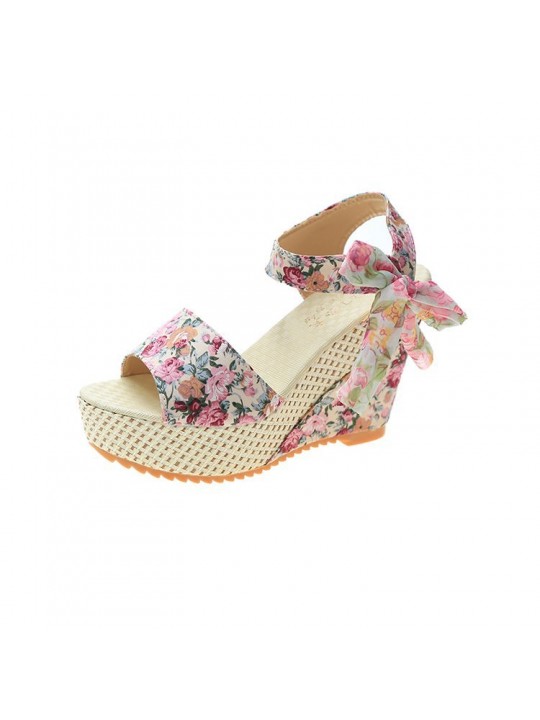 Women Fashion Casual Boho Bowknot Peep Toe Floral Printed Wedge Heel Sandals