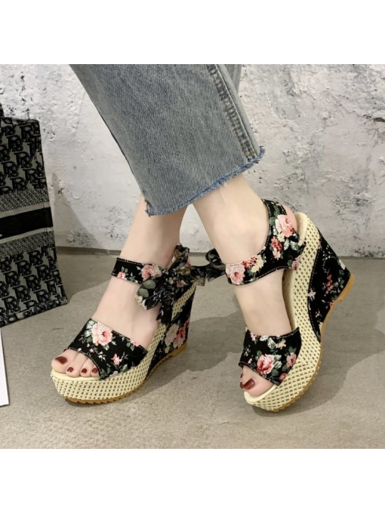 Women Fashion Casual Boho Bowknot Peep Toe Floral Printed Wedge Heel Sandals