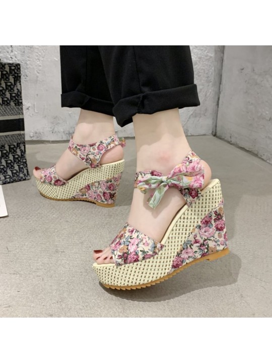 Women Fashion Casual Boho Bowknot Peep Toe Floral Printed Wedge Heel Sandals