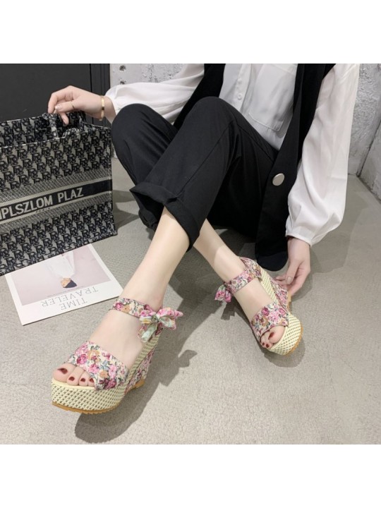 Women Fashion Casual Boho Bowknot Peep Toe Floral Printed Wedge Heel Sandals