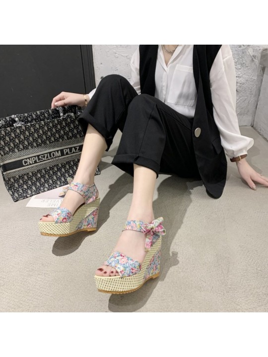 Women Fashion Casual Boho Bowknot Peep Toe Floral Printed Wedge Heel Sandals