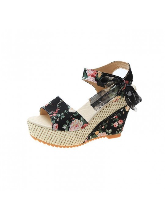 Women Fashion Casual Boho Bowknot Peep Toe Floral Printed Wedge Heel Sandals