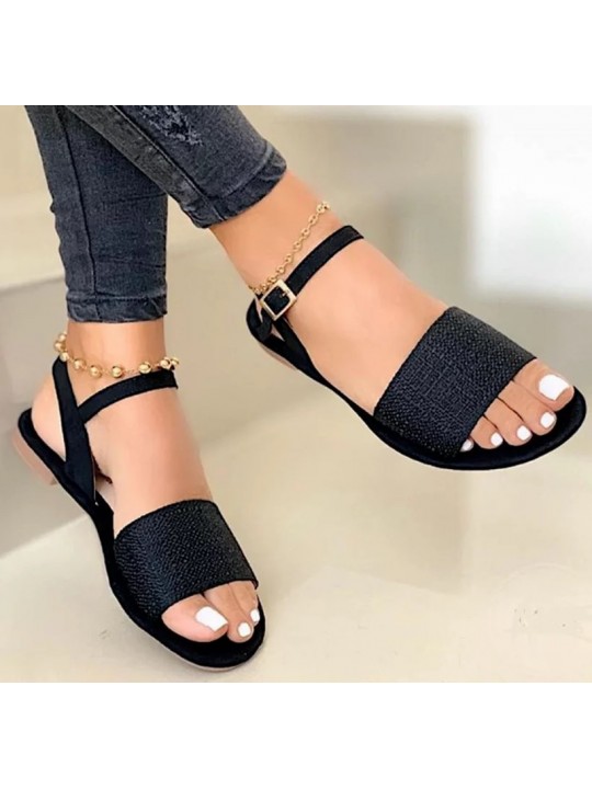 Women Fashion Casual Solid Color PU Peep Toe Ankle Strap Buckle Flat Sandals