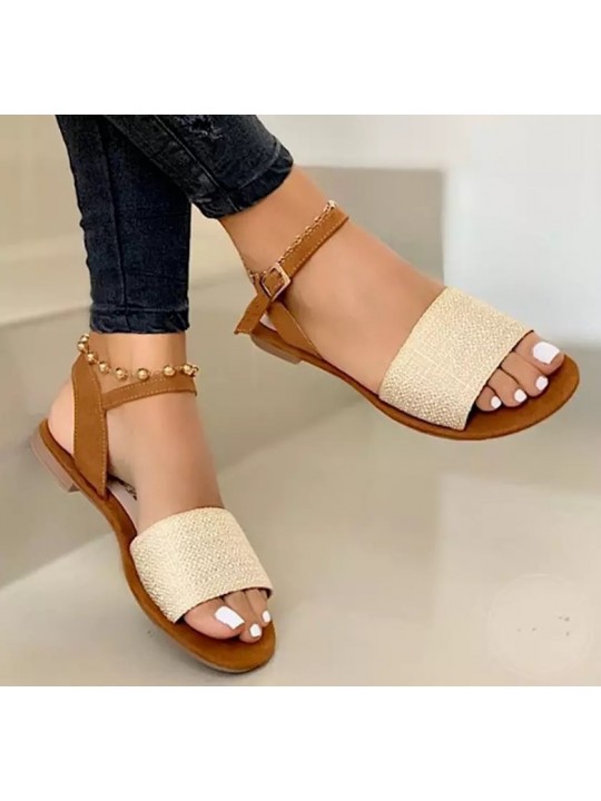 Women Fashion Casual Solid Color PU Peep Toe Ankle Strap Buckle Flat Sandals