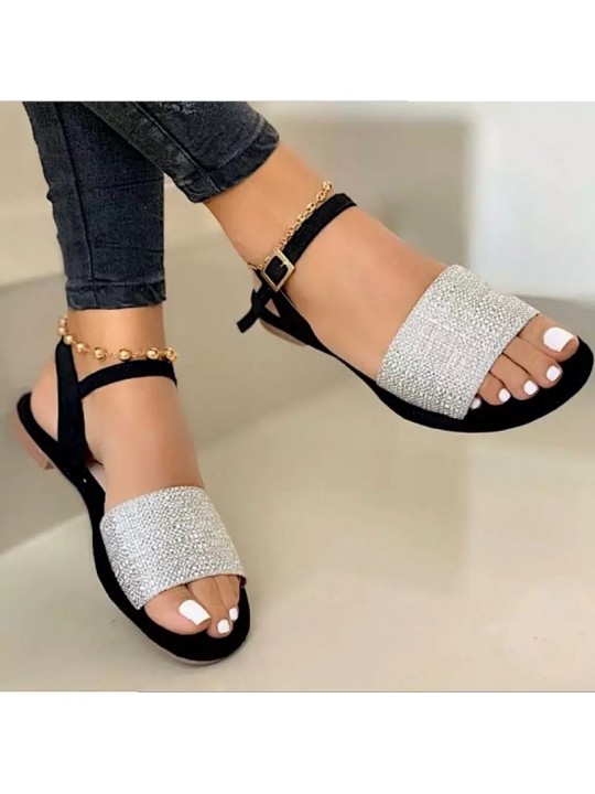 Women Fashion Casual Solid Color PU Peep Toe Ankle Strap Buckle Flat Sandals