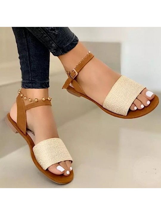 Women Fashion Casual Solid Color PU Peep Toe Ankle Strap Buckle Flat Sandals