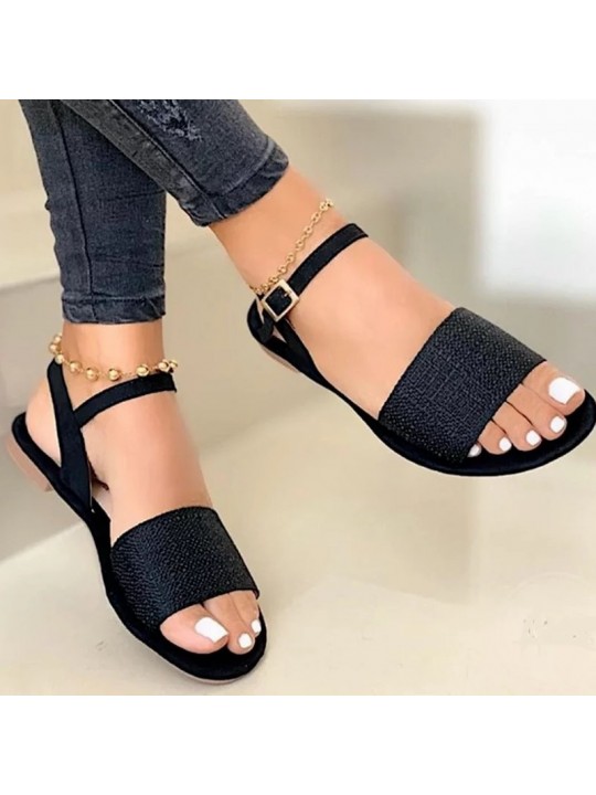 Women Fashion Casual Solid Color PU Peep Toe Ankle Strap Buckle Flat Sandals