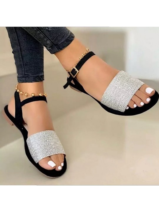 Women Fashion Casual Solid Color PU Peep Toe Ankle Strap Buckle Flat Sandals