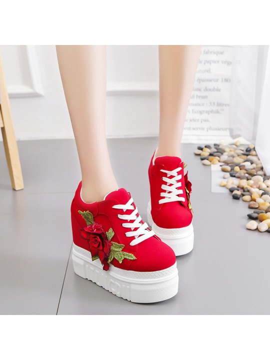 Women Fashion Casual PU Floral Printed Thick-Soled Lace-Up Canvas Sneakers