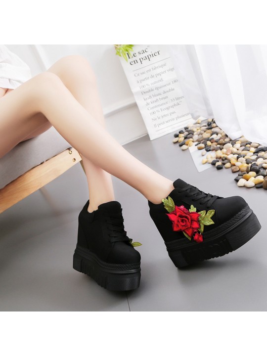 Women Fashion Casual PU Floral Printed Thick-Soled Lace-Up Canvas Sneakers