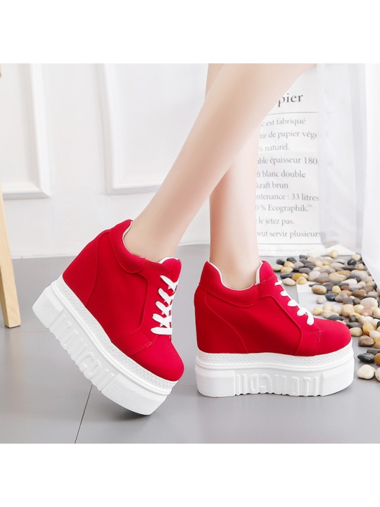 Women Fashion Casual PU Floral Printed Thick-Soled Lace-Up Canvas Sneakers