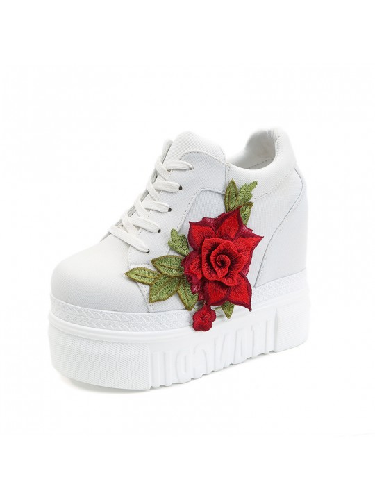 Women Fashion Casual PU Floral Printed Thick-Soled Lace-Up Canvas Sneakers