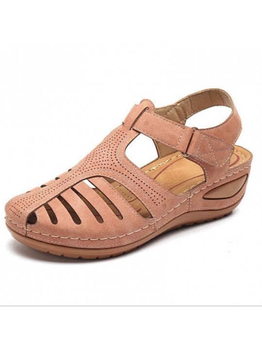 Women Fashion Casual PU Solid Color Hollow Round Toe Wedge Heel Velcro Sandals