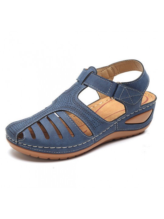 Women Fashion Casual PU Solid Color Hollow Round Toe Wedge Heel Velcro Sandals