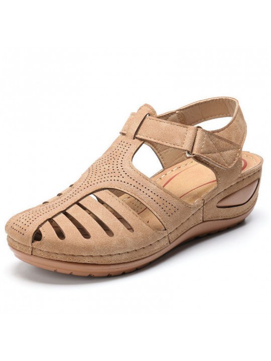 Women Fashion Casual PU Solid Color Hollow Round Toe Wedge Heel Velcro Sandals