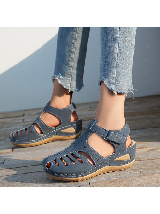 Women Fashion Casual PU Solid Color Hollow Round Toe Wedge Heel Velcro Sandals