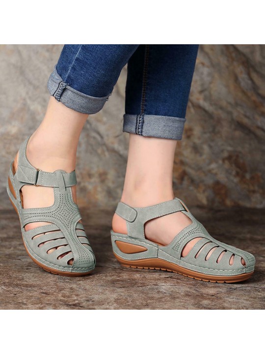 Women Fashion Casual PU Solid Color Hollow Round Toe Wedge Heel Velcro Sandals