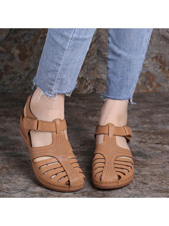 Women Fashion Casual PU Solid Color Hollow Round Toe Wedge Heel Velcro Sandals