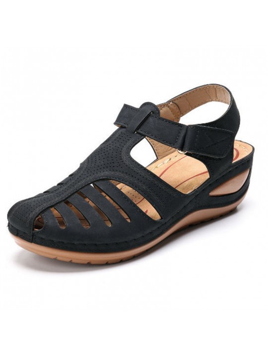 Women Fashion Casual PU Solid Color Hollow Round Toe Wedge Heel Velcro Sandals