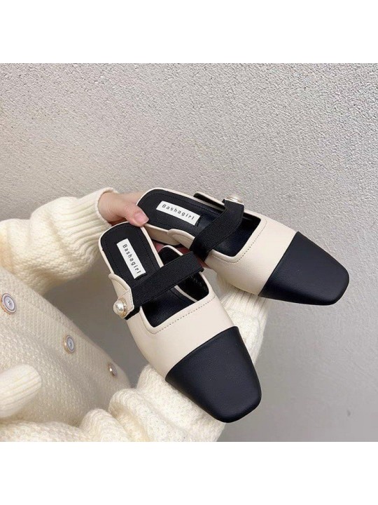 Women Fashion Casual Color Block Cover Toe Chunky Heel Muller Shoes