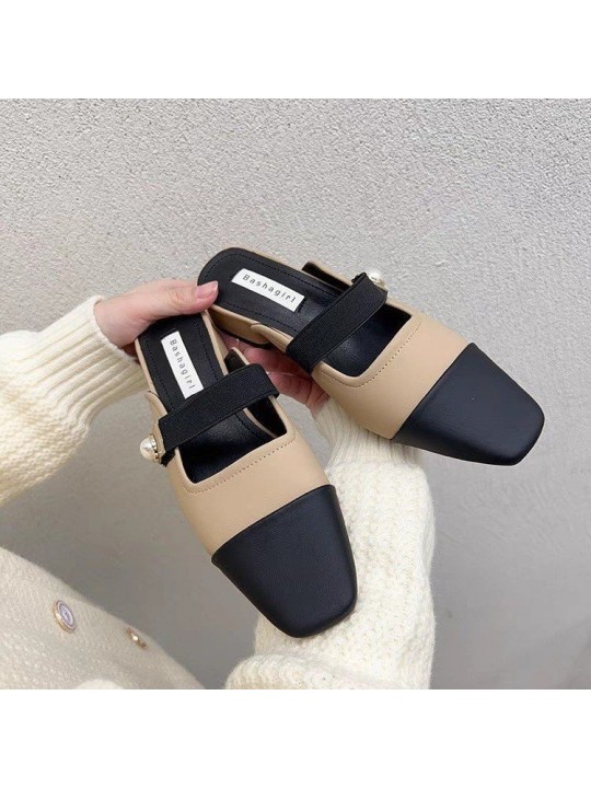 Women Fashion Casual Color Block Cover Toe Chunky Heel Muller Shoes