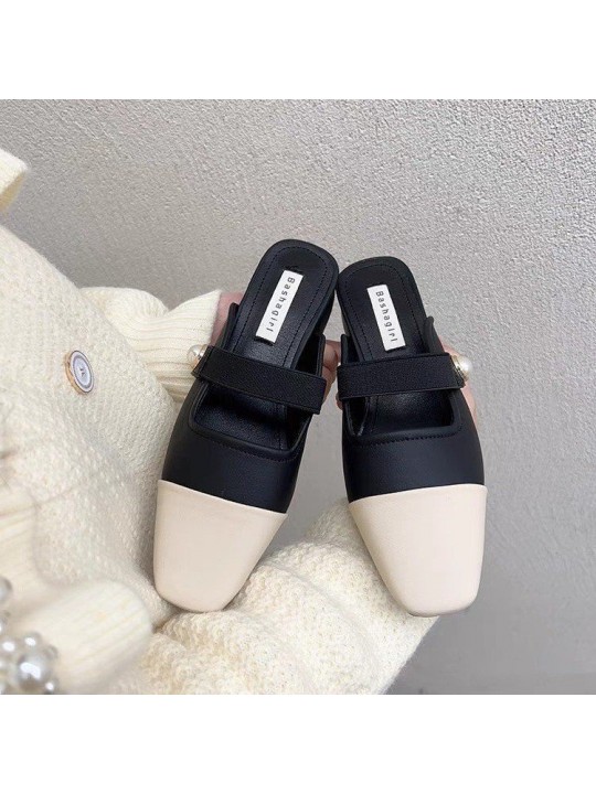 Women Fashion Casual Color Block Cover Toe Chunky Heel Muller Shoes