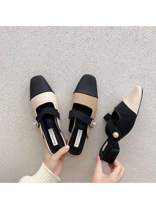 Women Fashion Casual Color Block Cover Toe Chunky Heel Muller Shoes