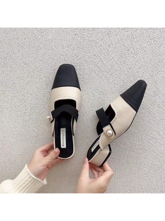 Women Fashion Casual Color Block Cover Toe Chunky Heel Muller Shoes