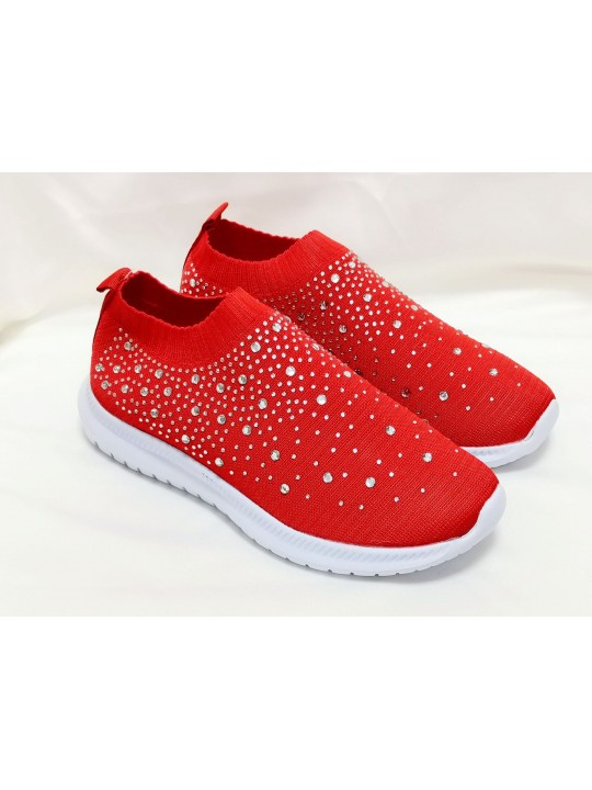 Women Fashion Solid Color Plus Size Rhinestone Flying Woven Round-Toe Sneakers