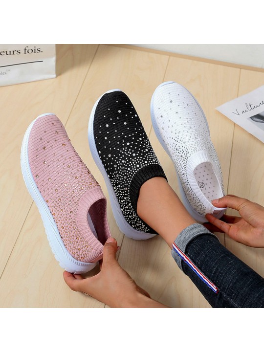 Women Fashion Solid Color Plus Size Rhinestone Flying Woven Round-Toe Sneakers