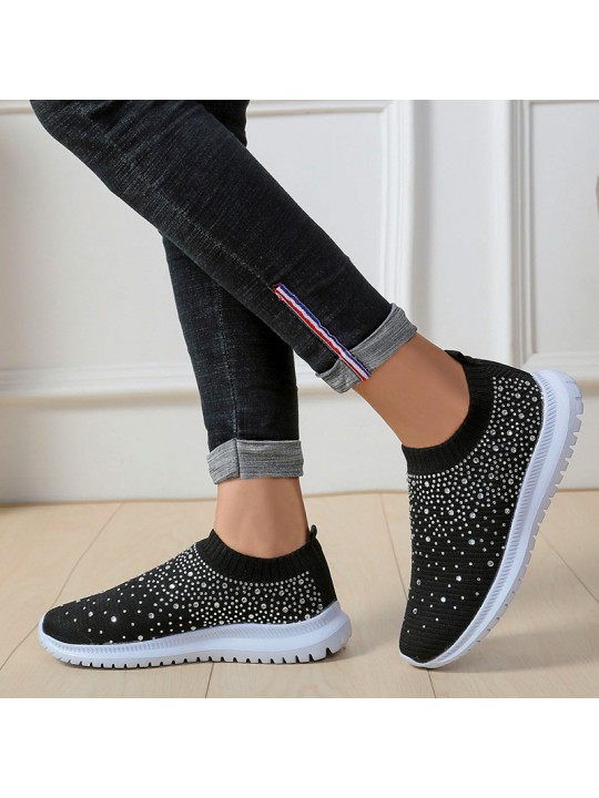 Women Fashion Solid Color Plus Size Rhinestone Flying Woven Round-Toe Sneakers