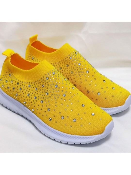 Women Fashion Solid Color Plus Size Rhinestone Flying Woven Round-Toe Sneakers