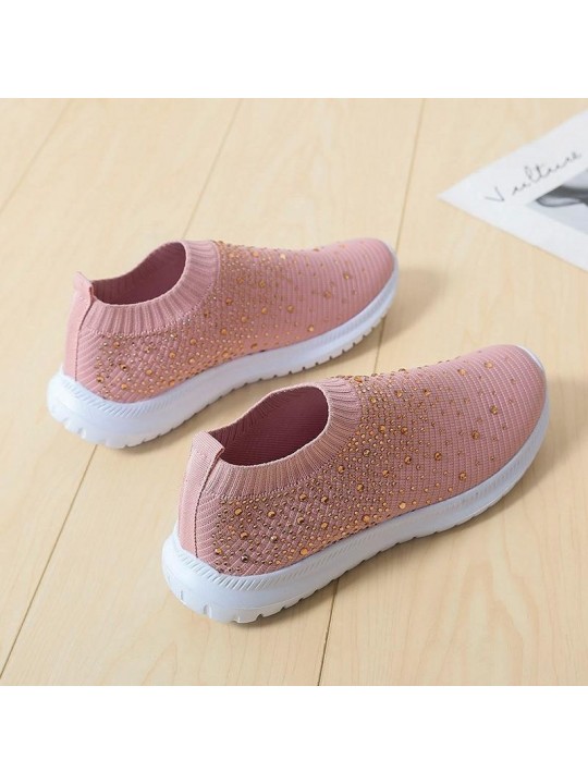 Women Fashion Solid Color Plus Size Rhinestone Flying Woven Round-Toe Sneakers