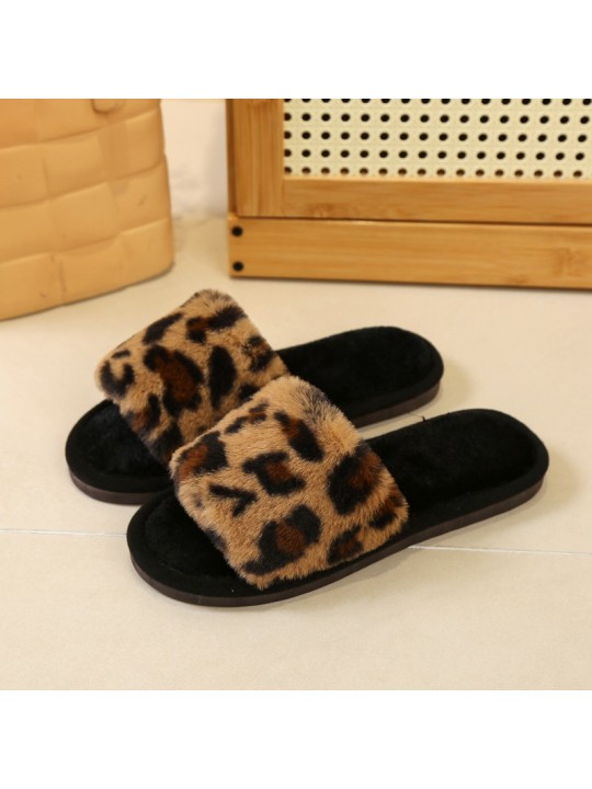 Autumn And Winter Women Fashionable Plus Size Leopard Plush Round Flat Slippers